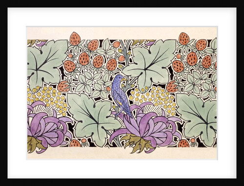 Wallpaper design with bird, flowers and strawberries by Charles Francis Annesley Voysey