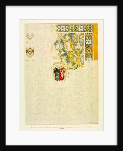 Sketch of a partially coloured-in Spanish leather curtain of the 16th century by William Burges