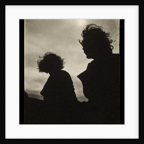 Silhouette of two women hair blown by wind sitting in wooden boat by Curtis Moffat