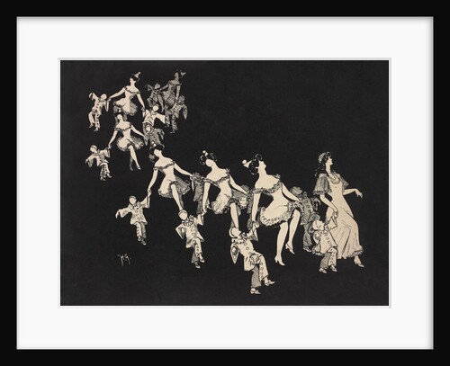 Silhouettes of children dressed as clowns hand in hand with female figures by Anonymous