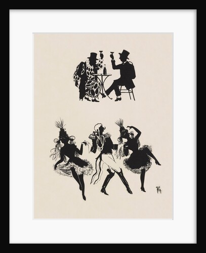 Silhouettes of two gentlemen seated at a table and three figures dancing together by Anonymous