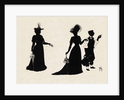 Silhouettes of two women in formal dress next to a gentleman by Anonymous