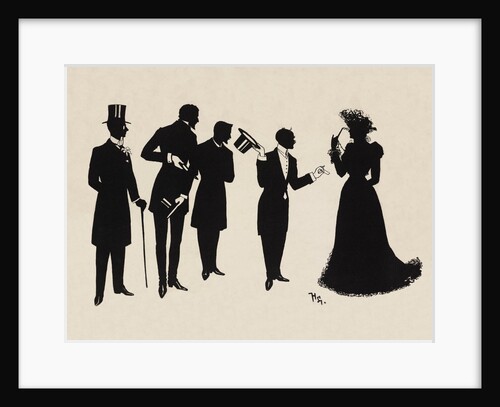 Silhouettes of four gentlemen and a woman in evening  dress by Anonymous