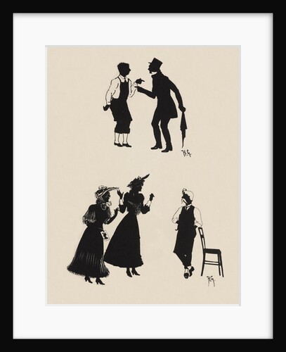 Silhouettes of two male figures debating and two female figures with a gentleman by Anonymous
