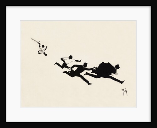 Silhouettes of three male figures chased by a man with a sword by Anonymous
