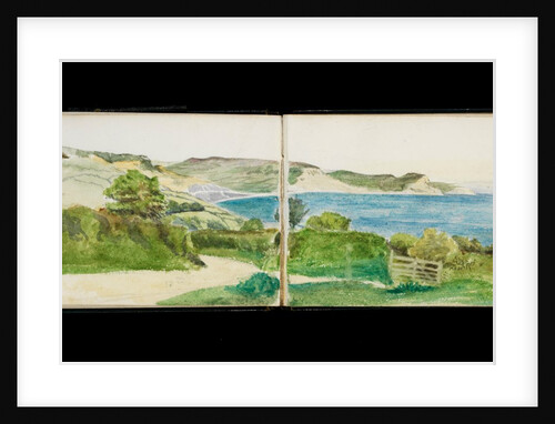 Coastal paths with views of the sea, hills and cliffs in distance by May Morris