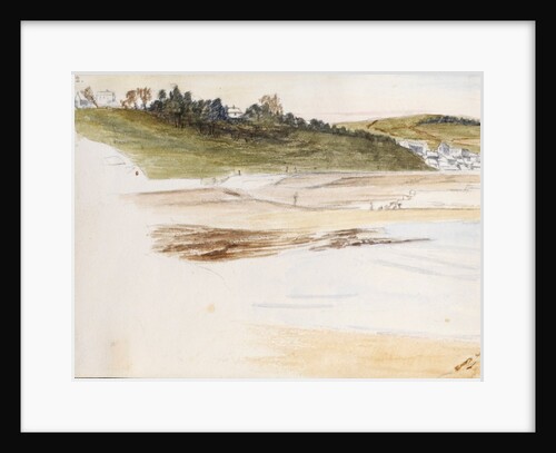 Beach with small coastal village in the background by May Morris