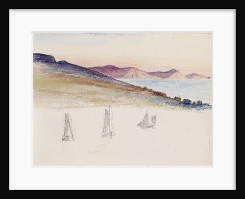 Sailboats with hills and coastal cliffs in the background by May Morris