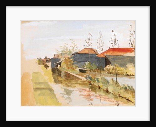 Canal with farm buildings in the background by May Morris