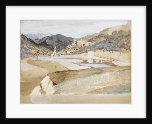 View of a village with a tower and a church in a valley possibly in Italy by May Morris