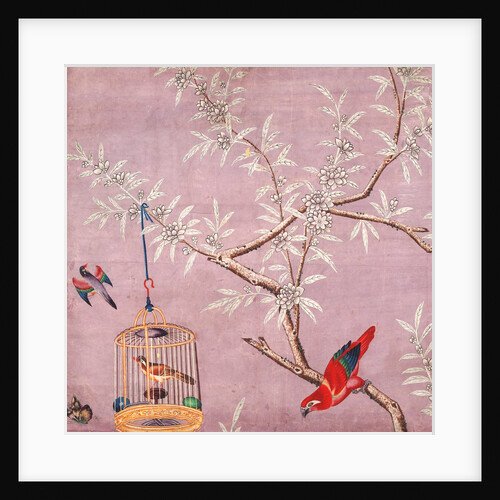 Fragment of Chinese wallpaper showing a bird perching on a branch, one in a cage and another in flight by unknown
