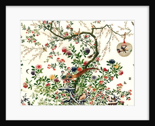 Coverlet of a solitary tree with a caged bird on a branch and a pair of pheasants by Unknown