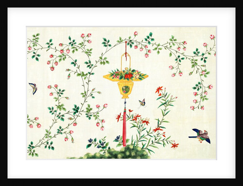 Bird and butterflies in flight around yellow hanging rattan basket of fruits by Unknown
