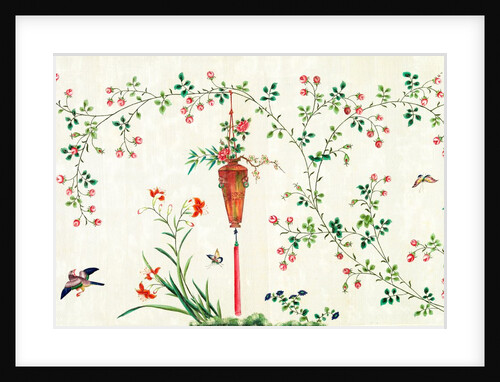 Bird and butterflies in flight around red hanging vase of flowers by Unknown