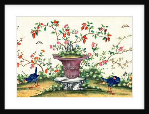 Pair of blue birds pecking around a vase in the centre with birds perching on rock by Unknown