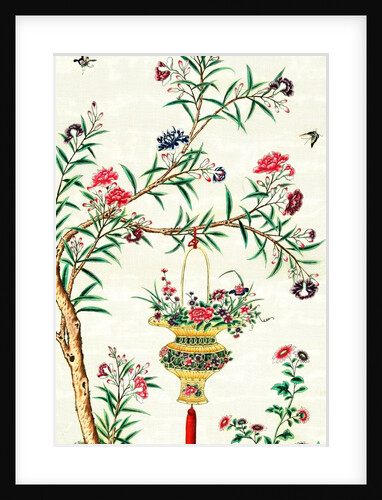 Dragonfly and butterflies in flight around hanging basket of flowers by Unknown