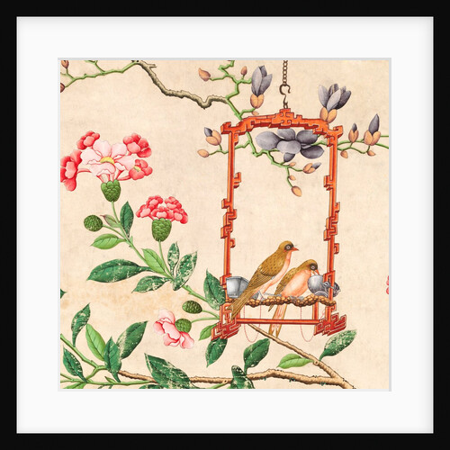 Wallpaper with pair of birds on red bird perch by unknown