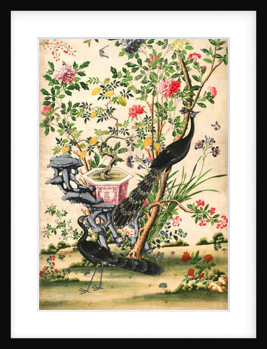 Wallpaper with pair of peacocks and a pot of starfruit by unknown