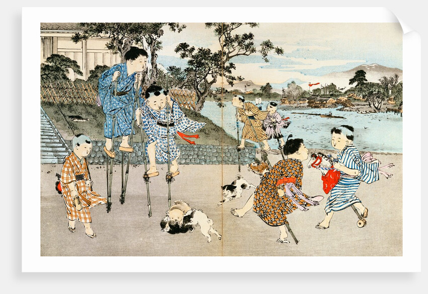 Boys on stilts and hobby-horses. Tokyo, Japan, 20th century by Anonymous