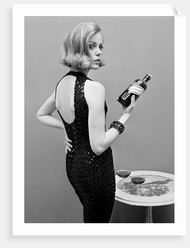 Model holding bottle of poison by John French