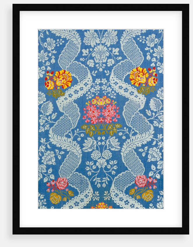 Dress fabric with a design of flowers and lace like vines by Unknown