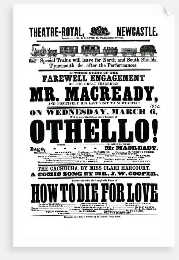 Othello!, theatre poster printed by M. Benson for the Newcastle Theatre-Royal by unknown