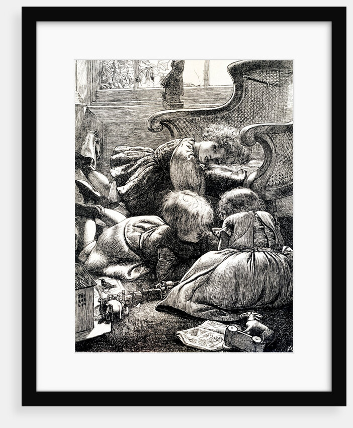 Noah's ark illustration showing children playing in the living room by Arthur Boyd Houghton