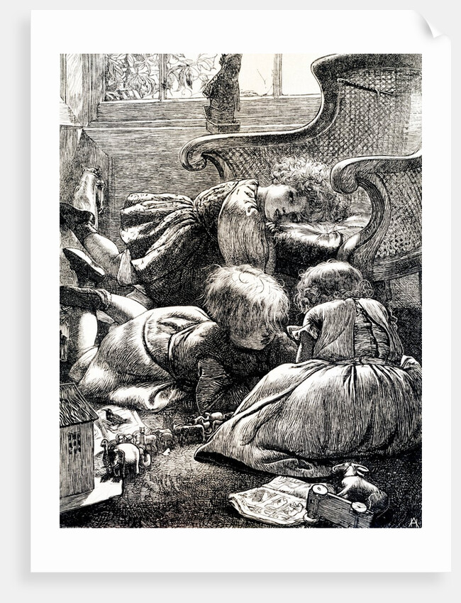Noah's ark illustration showing children playing in the living room by Arthur Boyd Houghton