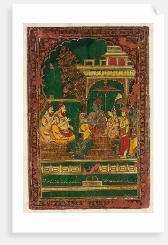 Book cover depicting a ruler on his throne. Madras, India, early 19th century by Unknown