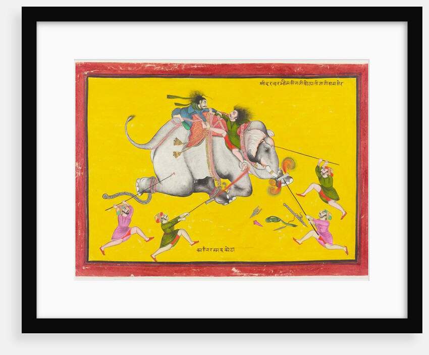 Elephant drivers attempting to secure an enraged elephant. Kota, India, 19th century by Unknown