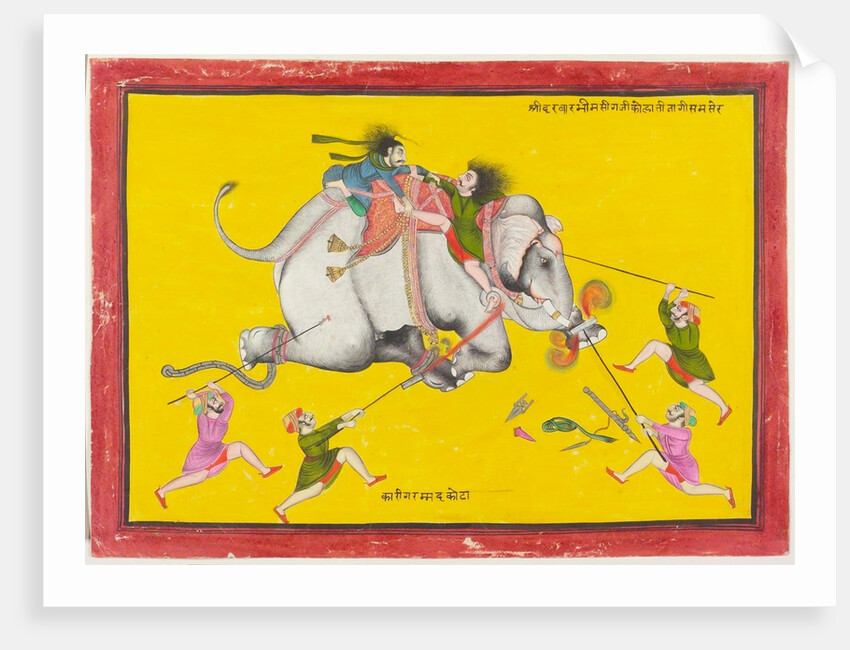 Elephant drivers attempting to secure an enraged elephant. Kota, India, 19th century by Unknown