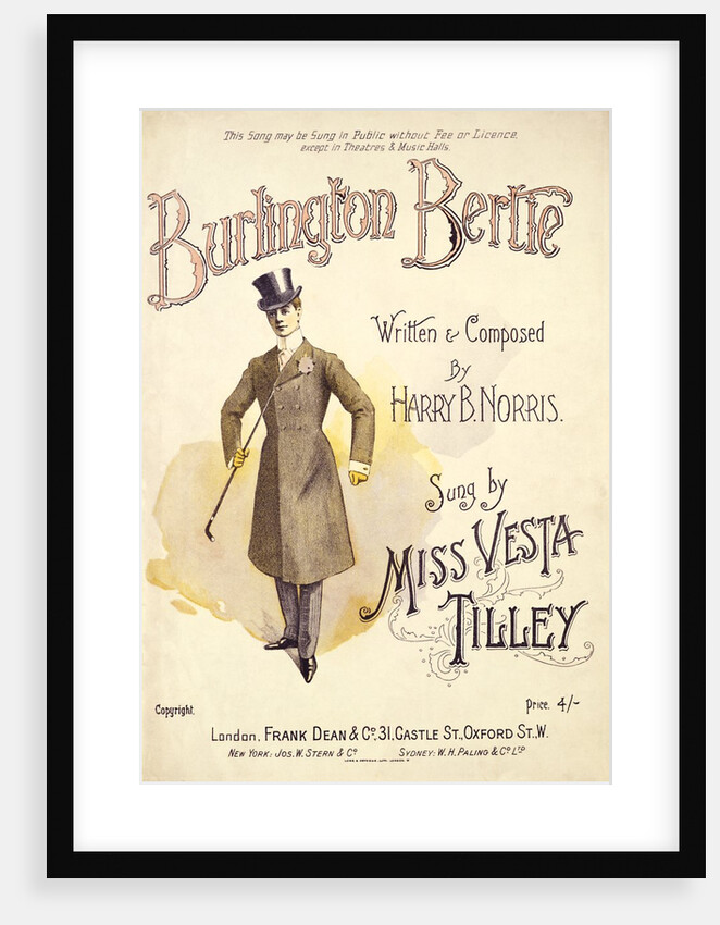 Music sheet cover for the music hall song Burlington Bertie by Norris