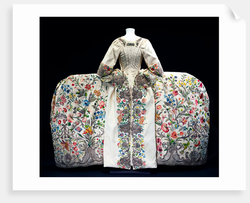 Court dress or mantua, back view. Embroidered silk with silver thread. England, c.1740-45. by Unknown