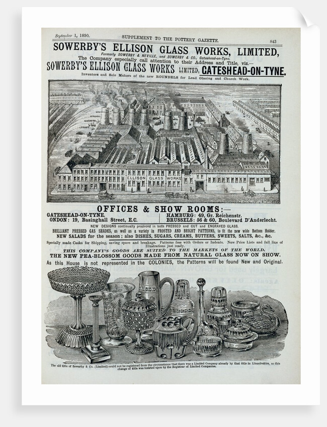 Advertisement for Sowerby's Ellison Glass Works. London, England, 1890 by Anonymous