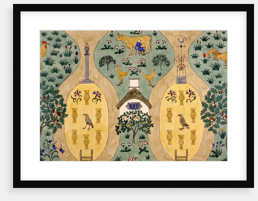Textile design depicting a farm by Charles Francis Annesley Voysey