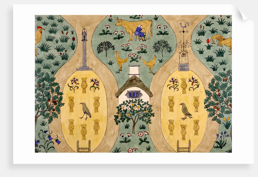 Textile design depicting a farm by Charles Francis Annesley Voysey