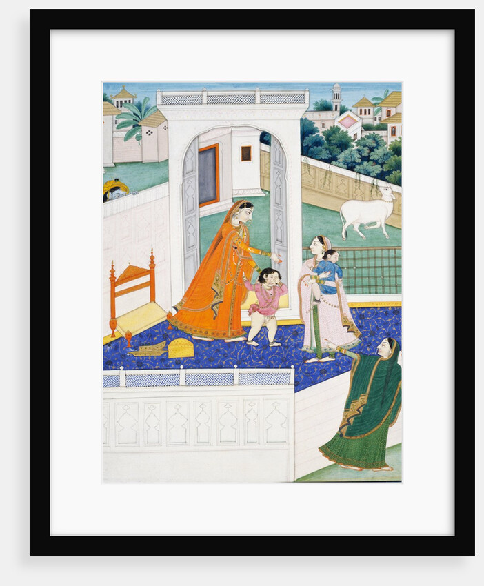 Krishna Peering Over a Wall at Radha & Children. Mandi, Punjab Hills, India, 1840 by Unknown