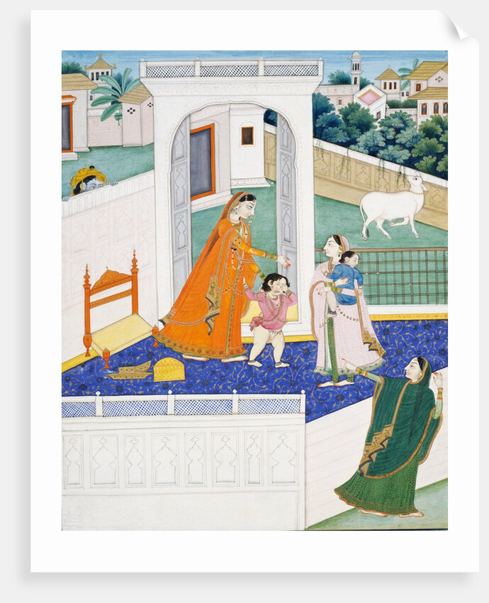 Krishna Peering Over a Wall at Radha & Children. Mandi, Punjab Hills, India, 1840 by Unknown