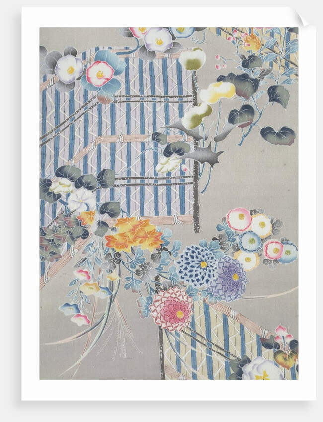 Detail from a kimono depicting flowers and bamboo fences by Anonymous