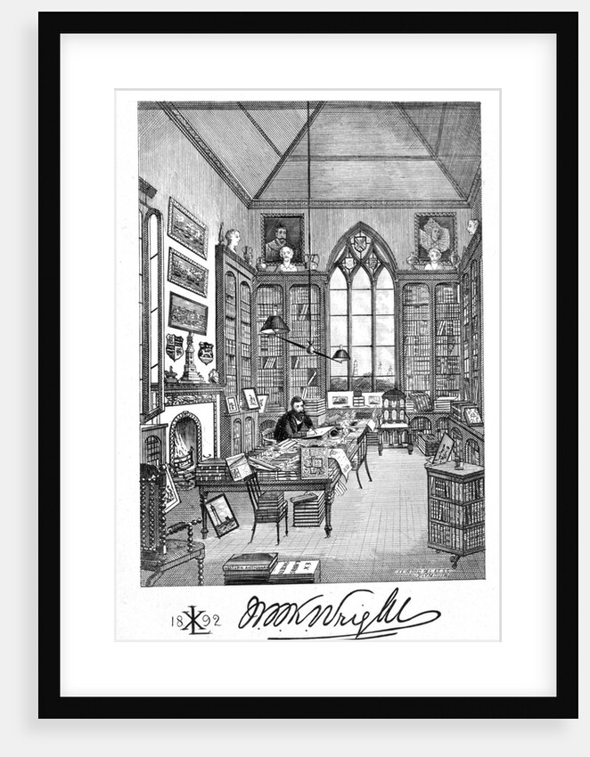 Bookplate depicting a man in a Victorian study by Alan Wright