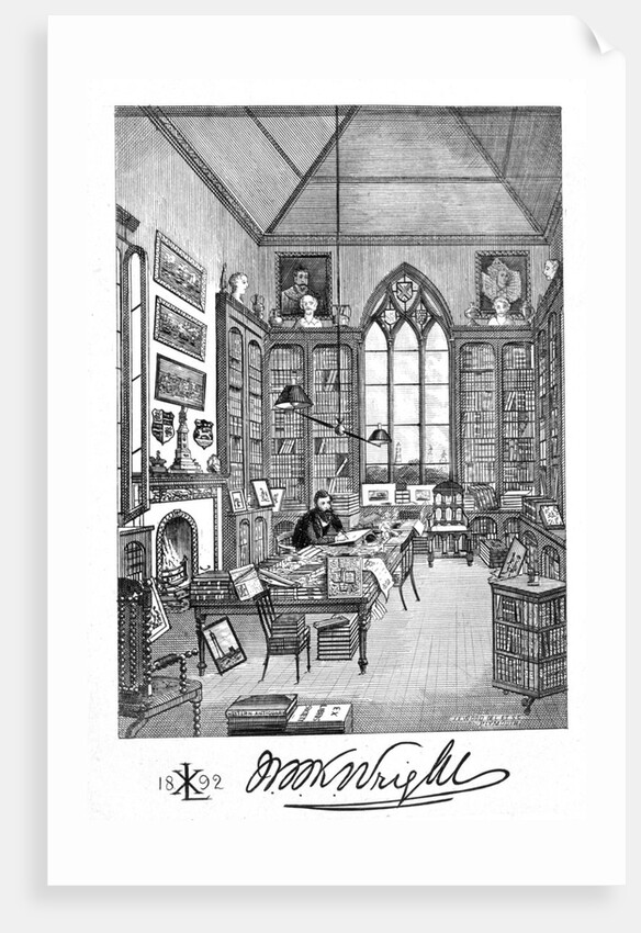 Bookplate depicting a man in a Victorian study by Alan Wright