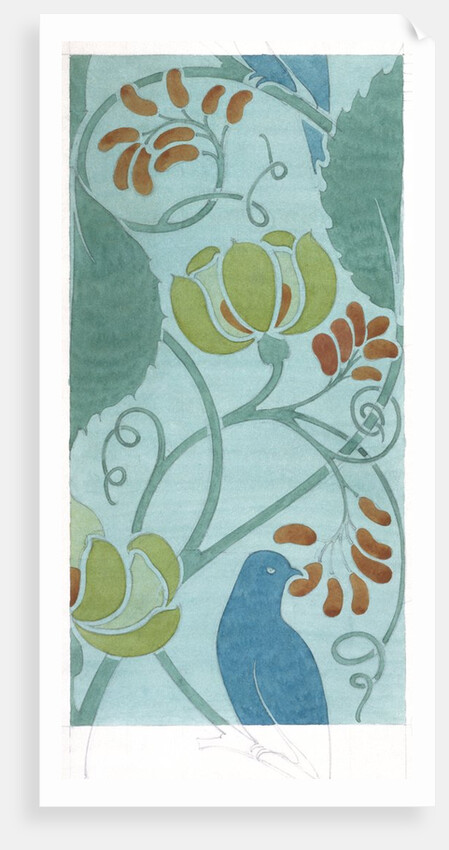 Blue bird with scrolling foliage and flowers by C.F.A. Voysey