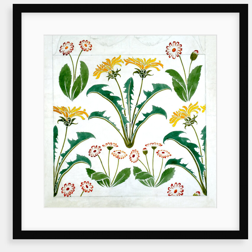 The Furrow wallpaper design with red edged daisies and yellow dandelion by Charles Francis Annesley Voysey