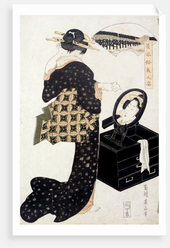 A geisha standing in front of dressing mirror. Yeizan, Japan, 1815 by Eisan