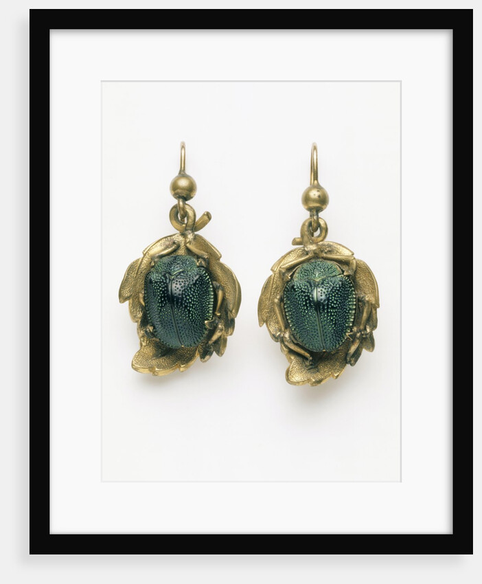 Earrings set with irridescent South American beetles by Unknown