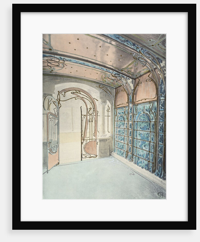 Main entrance showing panelled ceiling and tiled wall by Hector Guimard