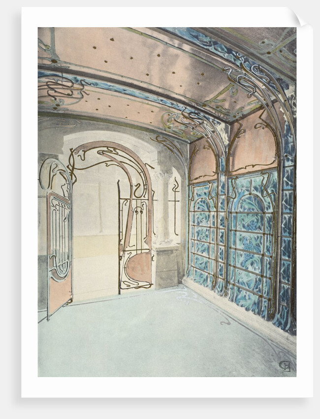 Main entrance showing panelled ceiling and tiled wall by Hector Guimard