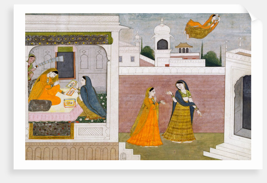 Usha looking at portraits. Kangra, India, early 19th century by Unknown