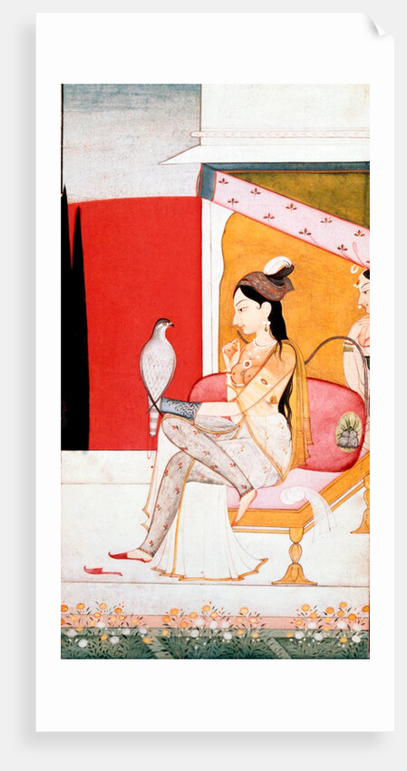 The Lady with the Hawk;  Illustration to the Musical Mode Ragini Vasant;  Indian (Gular, Punjab Hills);  c.1750.Watercolour on paper. by Unknown