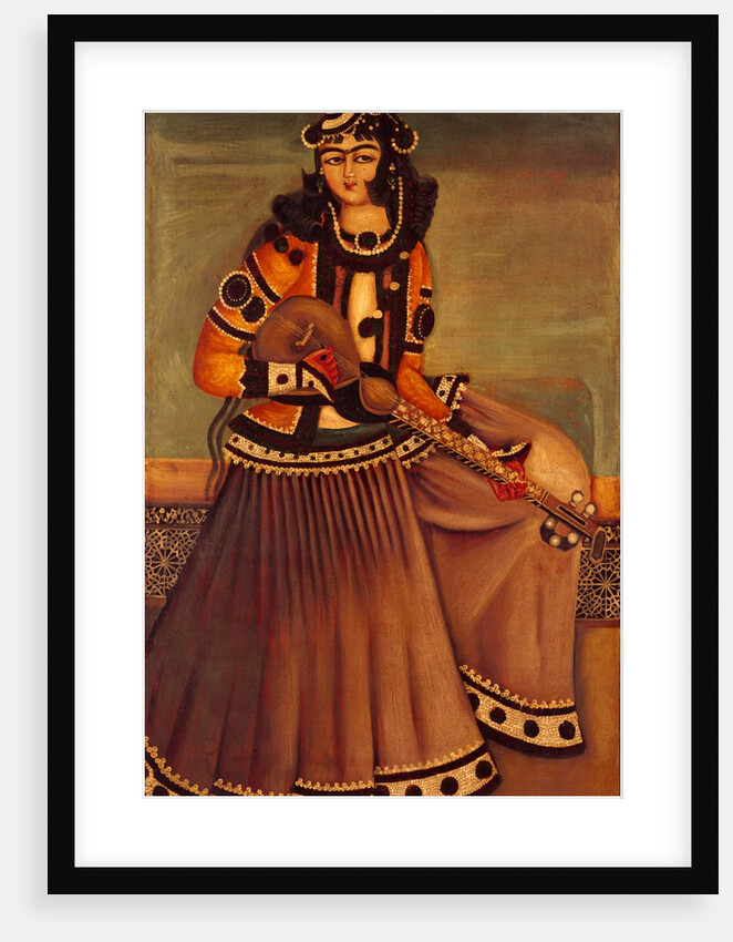 Lady sitting on a dais playing a sort of lute. Tehran, Iran, Qajar dynasty, 19th century by Unknown